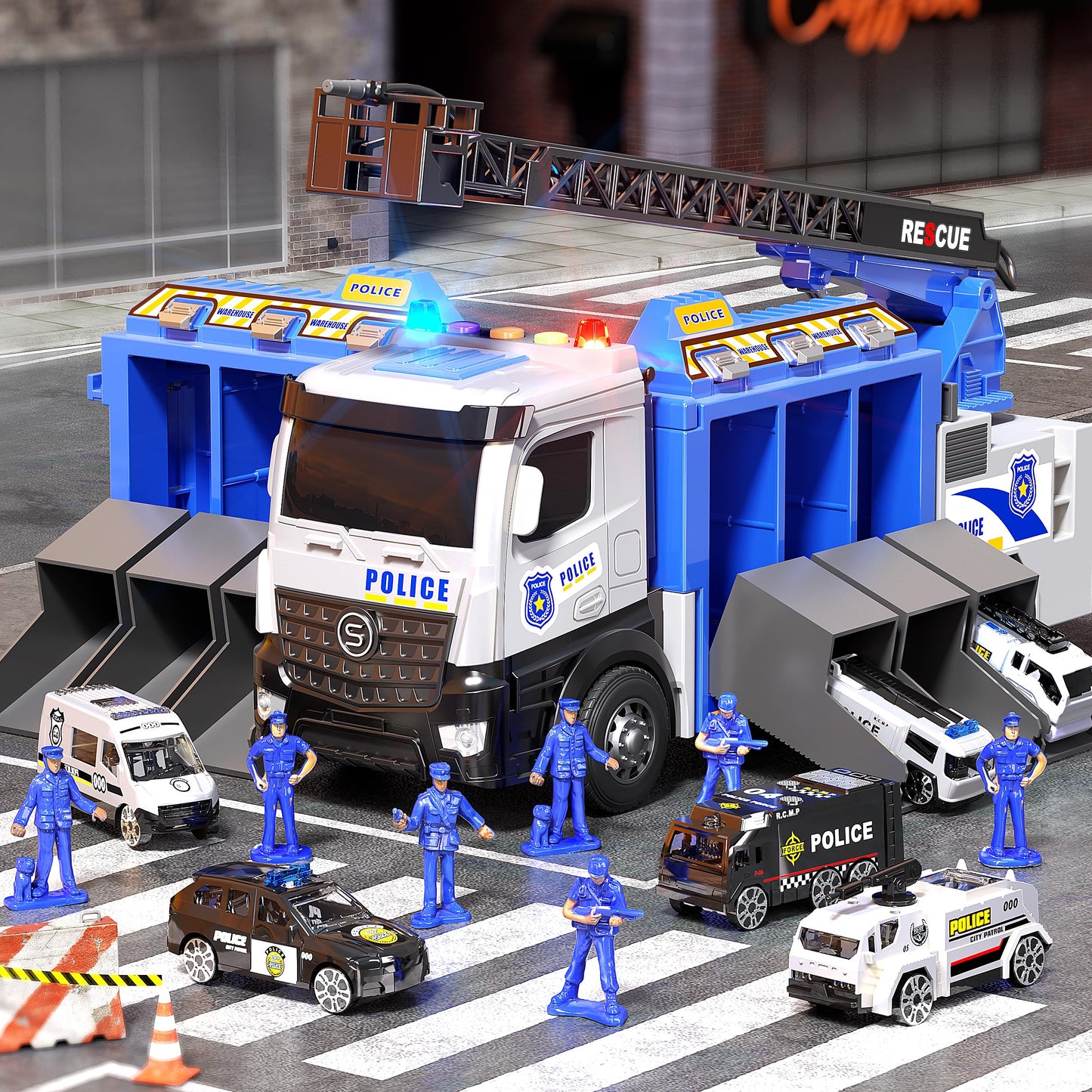 Police Truck Toys for 3 4 5 6 Years Old Boys - 17.7 Extendable Ladder Truck with 6 Alloy Cars & 12 Officer Figures, Transport Ca