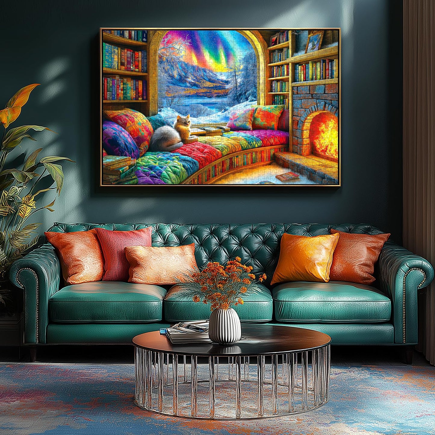 Northern Lights Landscape Jigsaw Puzzles For Adults Fantasy Fairy Cat 1000 Piece Book Room Puzzle For Adults With Letters On Bac