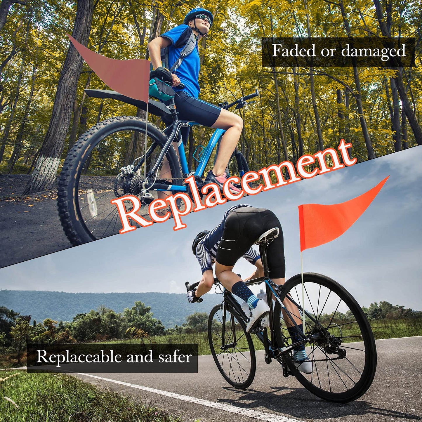 2 Pieces Replacement Safety Flag Pennant High Visibility Bike Safety Flag With Pole Tear-Resistant Waterproof Bicycle Safety Fla
