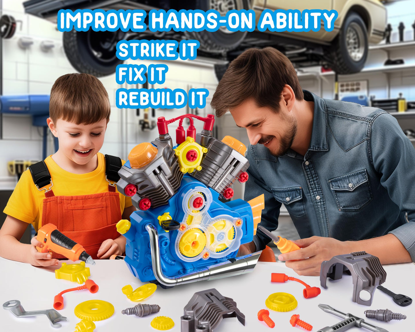 POFJOEQ Engine Building Kit, Kids Mechanic Repair Set for Kids Motorcycle Engine,Take Apart Toys-42pc Playset,STEM Engine Model