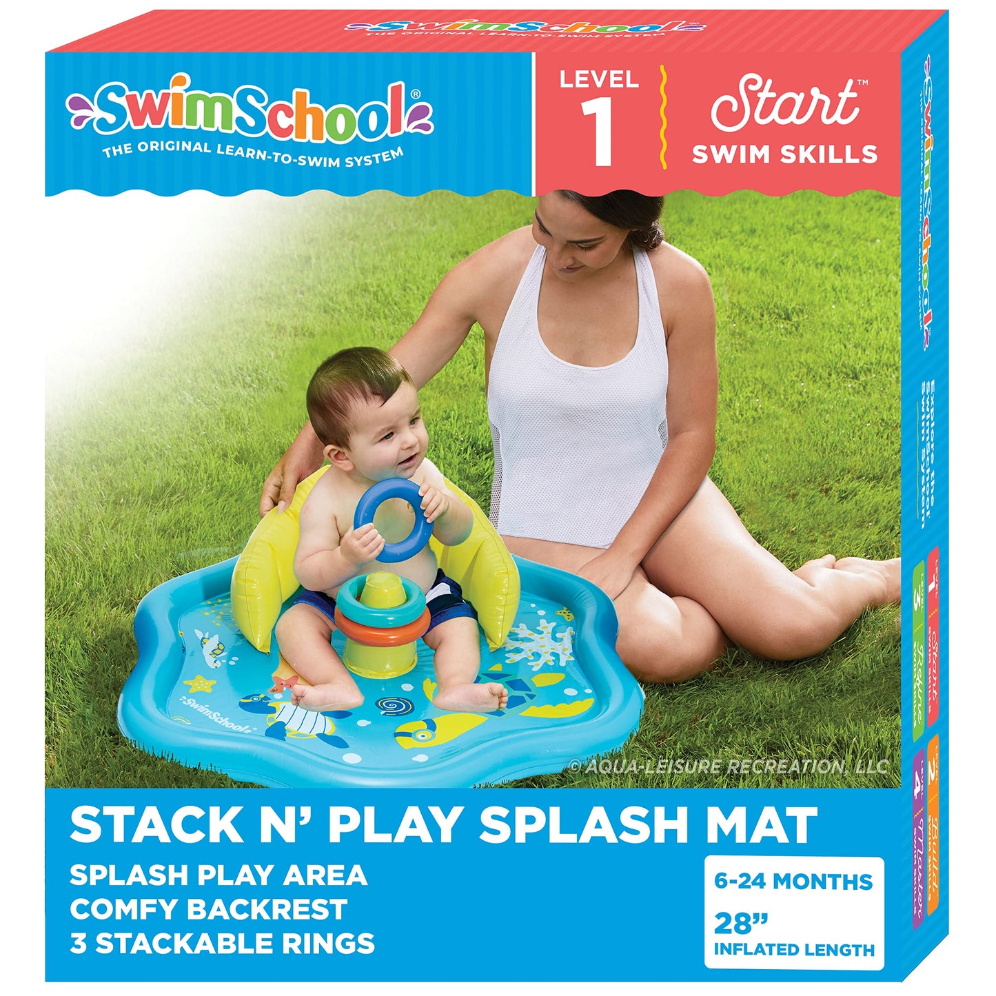 Swimschool Baby Splash Play Mat – Inflatable Play Pool For Babies & Infants With Backrest – Includes Baby Water Toy Rings– Seafoam Blue Lemon