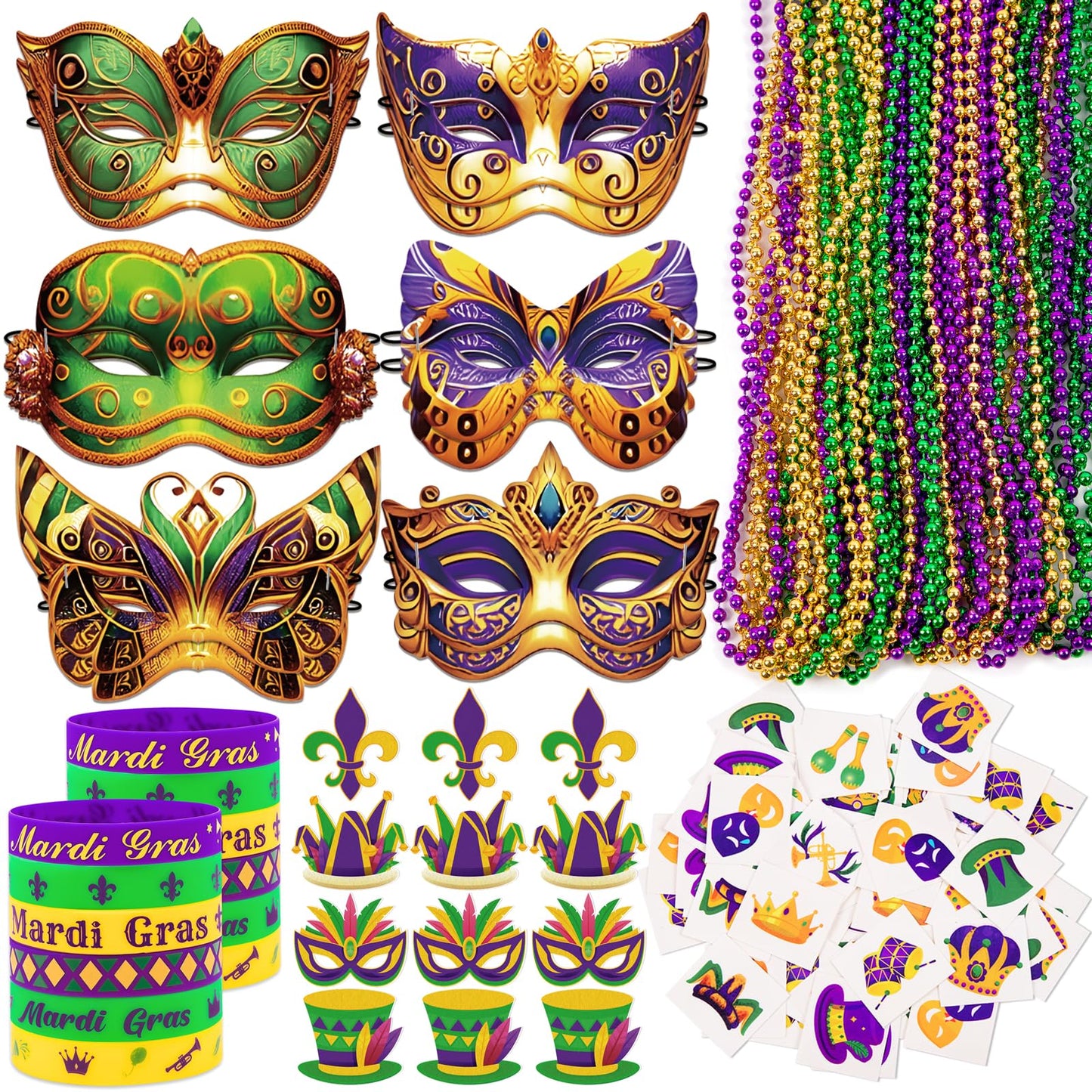 80UncleKimby 202PCS Mardi Gras Decorations Party Accessories Bulk: Paper Masks, Beads, Wristbands, Tattoos Pins, Parade Throws S