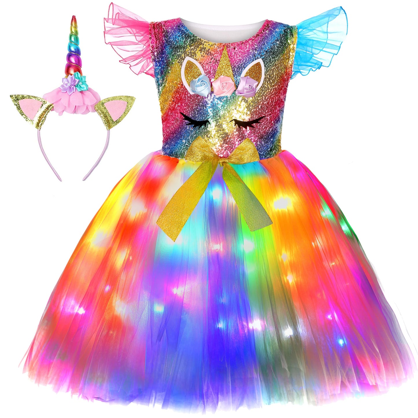 Soyoekbt Girls Unicorn Costume Led Light Up Unicorn Dress For Girls Princess Birthday Party Dress Up (5-6 Years)