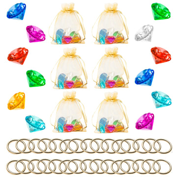 Pantide 35Pcs Acrylic Diamond Gems Jewels Alloy Gold Round Ring Set The Blue Hedgehog Chaos Emeralds Power Rings Party Favor Supplies Cake Decoration Pirate Treasure Chest Hunt For Kids With Bag