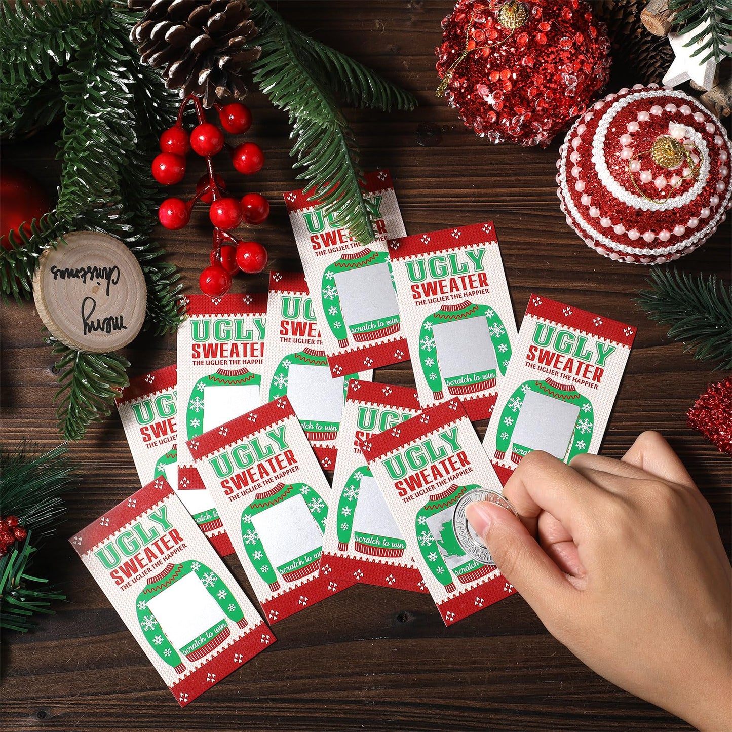 Outus 50 Pieces Christmas Scratch Off Cards Stickers Christmas Hawaii Party Games Vouchers Festive Raffle Tickets Holiday Business Prize Drawings For Kids Adults Families Events Groups (Ugly Sweater)