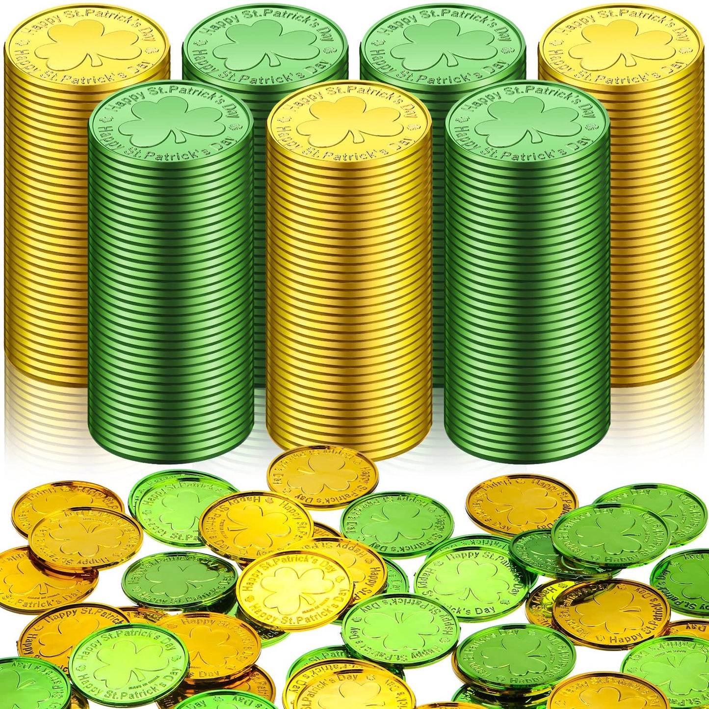 HyDren 500 Pieces St. Patrick's Day Coins Plastic Shamrock Gold Coin Good Luck Saint Patrick's Day Green and Gold 3 Leaf Coins f