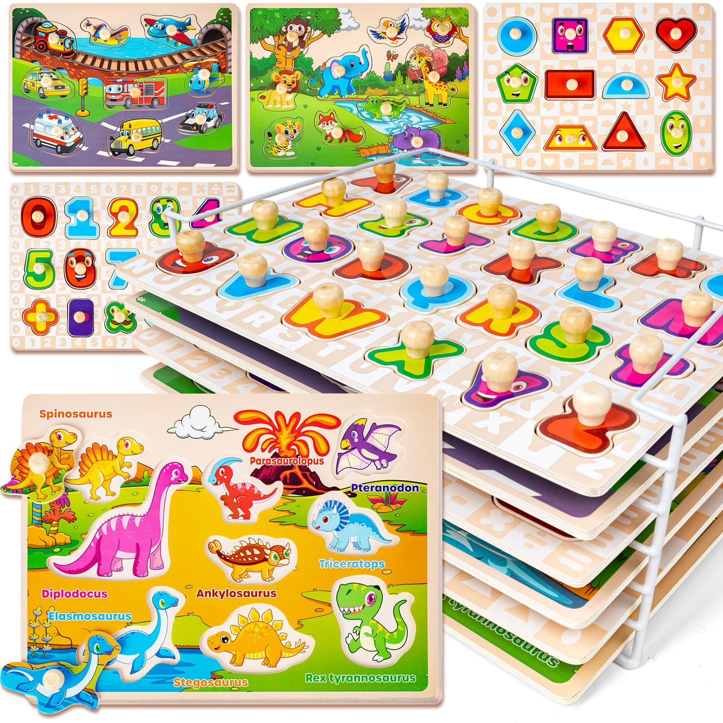 Synarry Wooden Puzzles For Toddlers 1-3, 6Xset Puzzles For Toddlers 2-4 With Rack, Learning Alphabet Number Shape Animal Dinosau