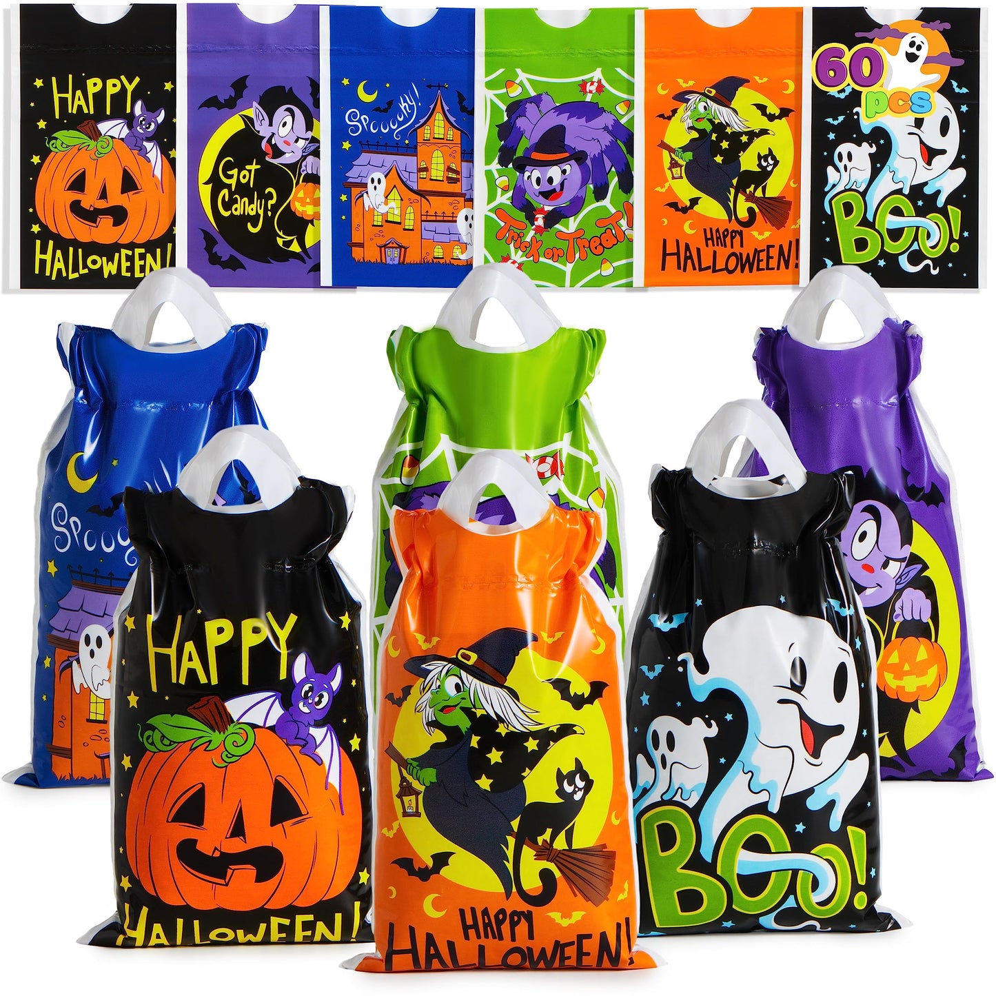 JOYIN 60 PCS Halloween Drawstring Treat Bags, Goodie Candy Trick or Treat Bags Bulk, 6 Design Goody Bag for Trick or Treating, S
