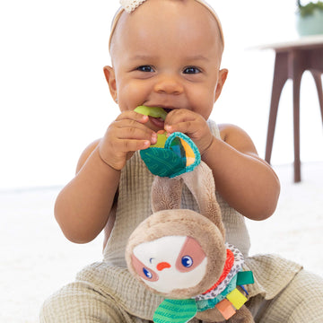 Infantino Music & Motion Pulldown Sloth - Musical Plush Sloth With Multi-Textured Teether For Tactile Exploration, Easily Attaches To Strollers And Gyms, Bpa-Free