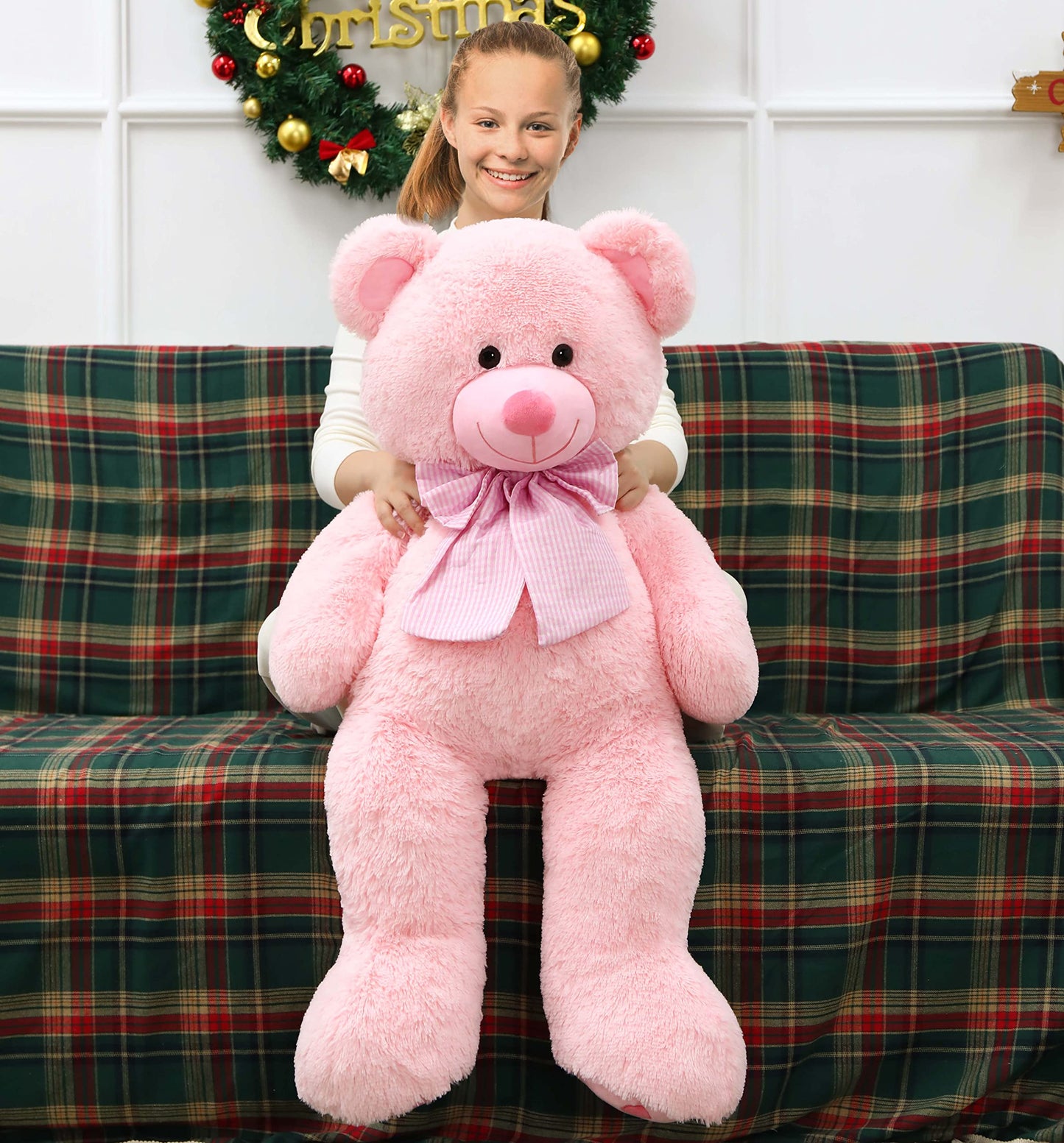 Morismos 39 Inches Pink Giant Teddy Bear Plush Toy,Big Bow Bear Stuffed Animal Plush, Soft Bear Plush Gifts For Kids,Girlfriend