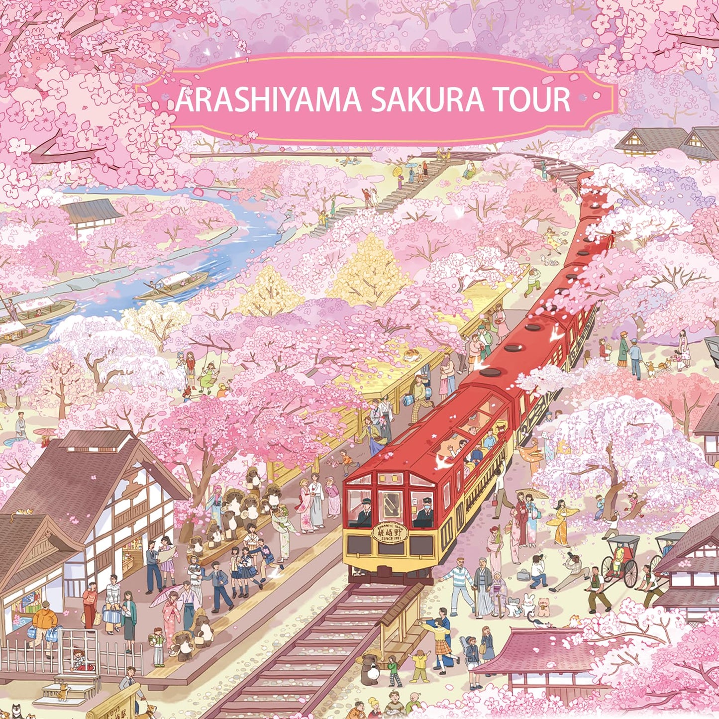 MOMIBOOK Puzzles for Adults 1000 Piece Jigsaw Puzzles of Arashiyama Sakura Tour, Painting Image Cherry Blossom Difficult Challen