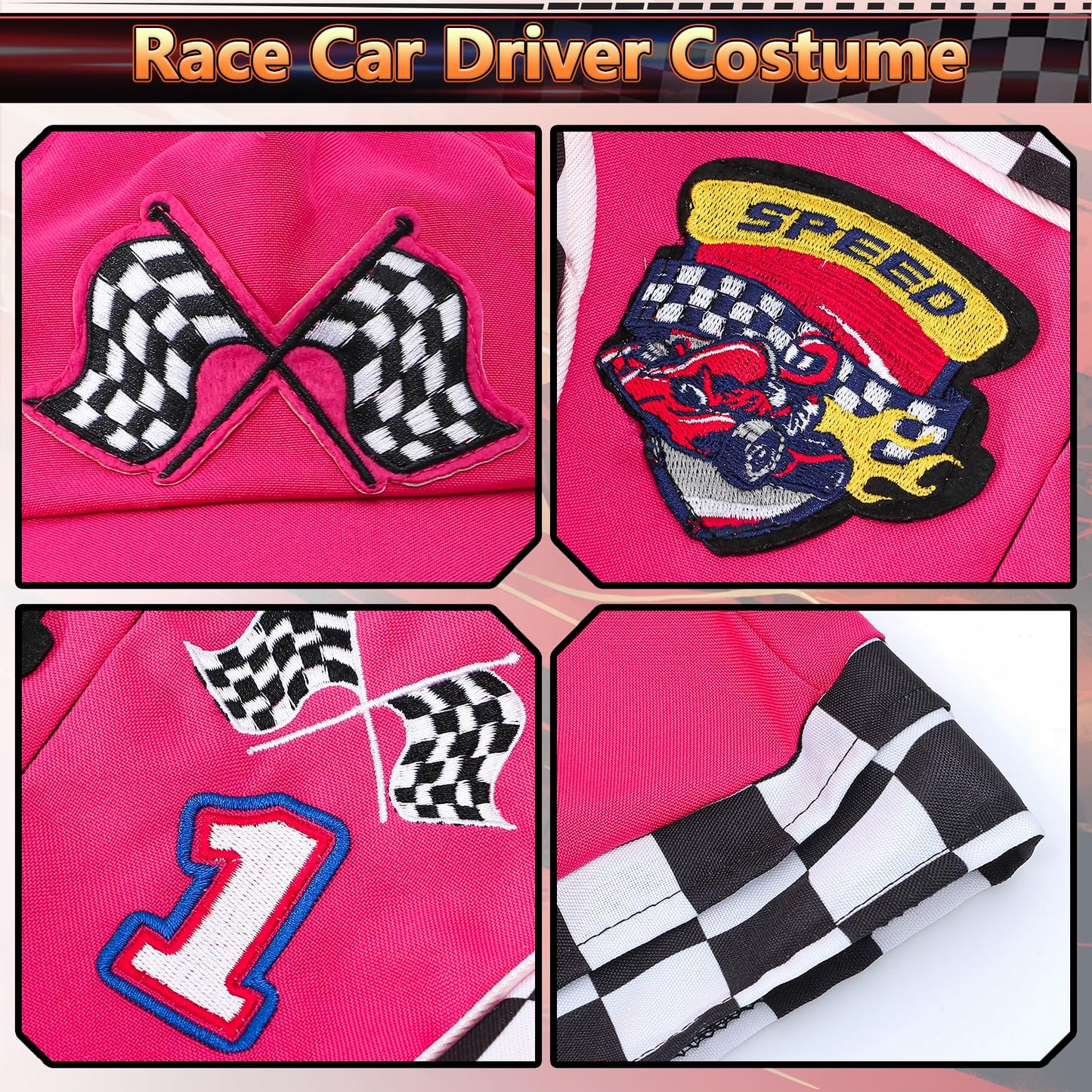 G.C 8Pcs Kids Girls Race Car Driver Costume Toddler Racing Suit Rose Red Racer Dress Costumes Accessories Car Cap Knee Socks Sunglasses Flags Halloween Dress Up Clothes (M(8-9Y))