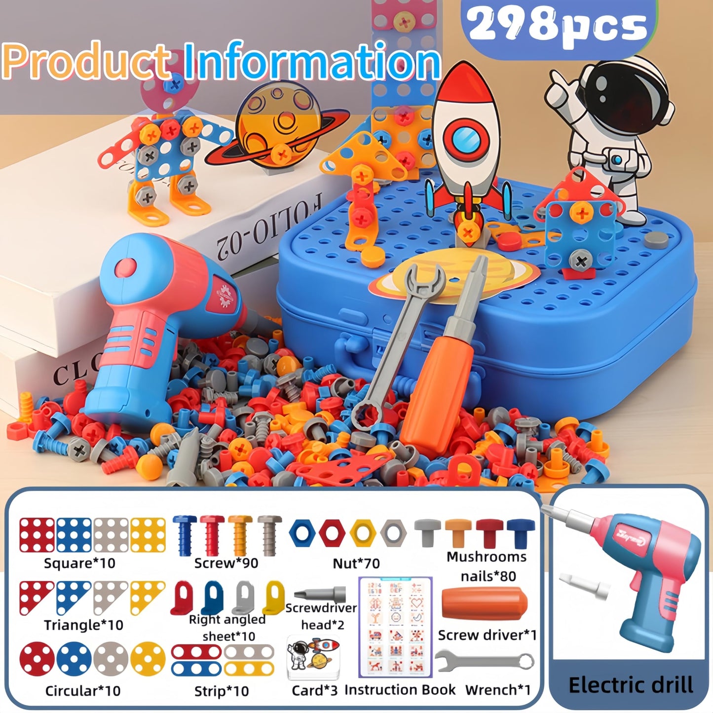 AquaArcc Drill Toy for Boys Age 4-8, 351pc Kids Montessori Construction Toy Electric Drill Toy with Fix Tool Box, Boys Toy Space