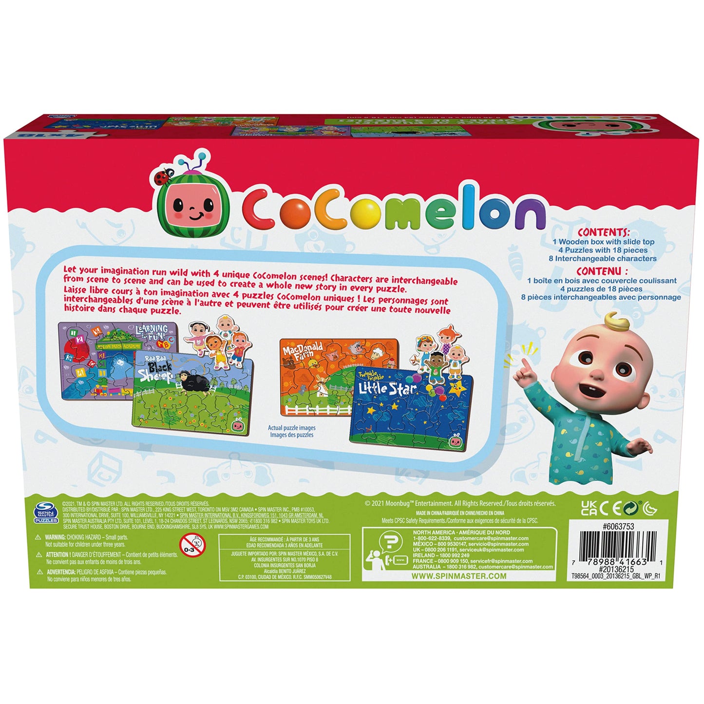 Cocomelon, 4-Pack Wooden Puzzles, 18-Pieces Each Jigsaw Toy Gift Set With Interchangeable Characters, For Kids Ages 3 And Up