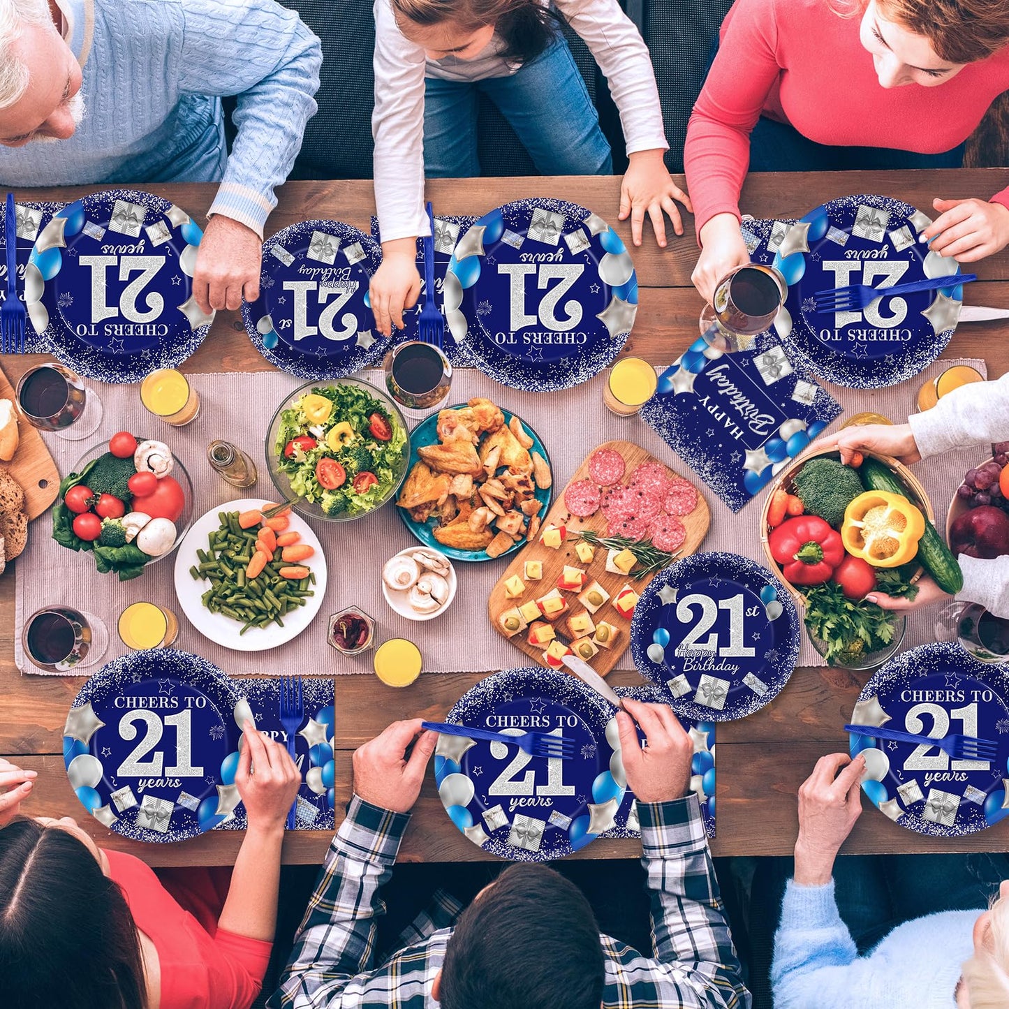 Gisgfim 96 Pcs 21St Birthday Plates And Napkins Party Supplies Cheers To 21 Years Tableware Set Blue Silver 21St Birthday Dinner