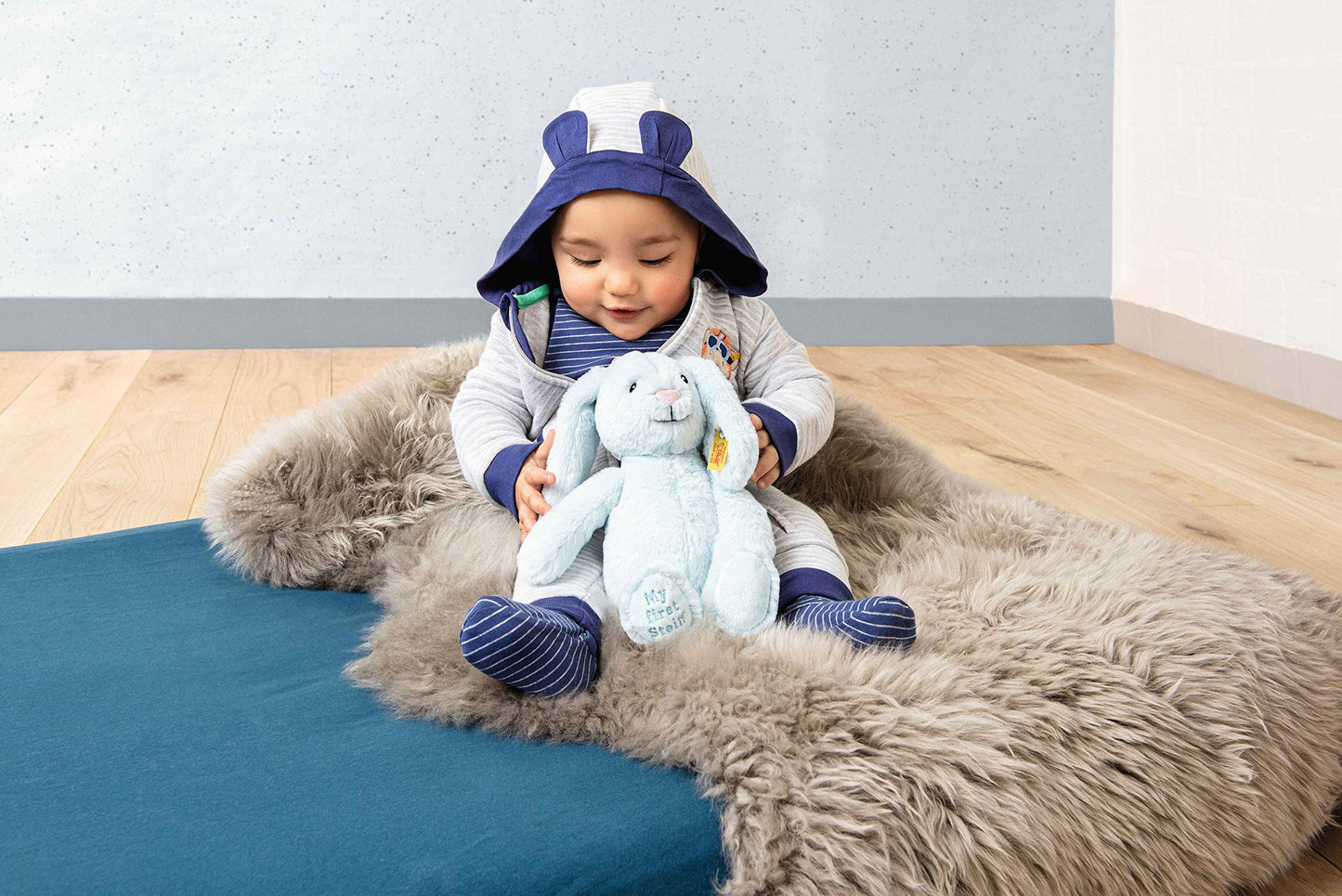 Steiff Soft Cuddly Friends My First Hoppie Rabbit 10', Premium Stuffed Animal, Light Blue