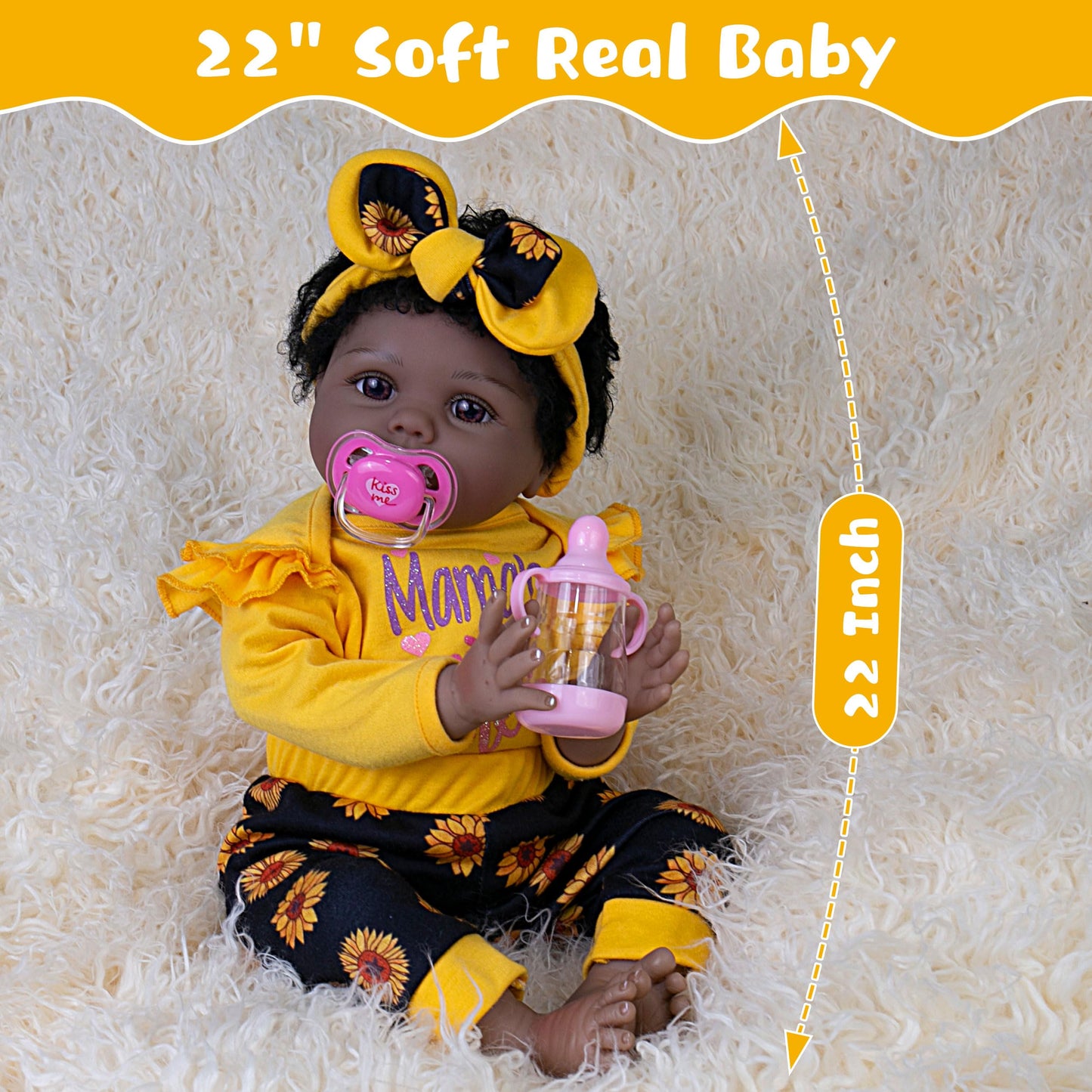 Ekokiz Realistic Baby Doll 22-Inch Real Life Reborn Baby Dolls Soft Cloth Body American African Baby Girl Lifelike Baby Dolls Wi