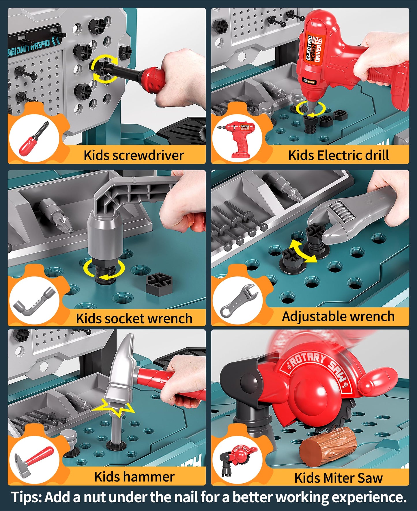 Jovow Kids Tool Bench with Realistic Tools and Electric Drill, Suitable for 3-5 Year Olds to Build Their Own Toy Workbench, 79 P