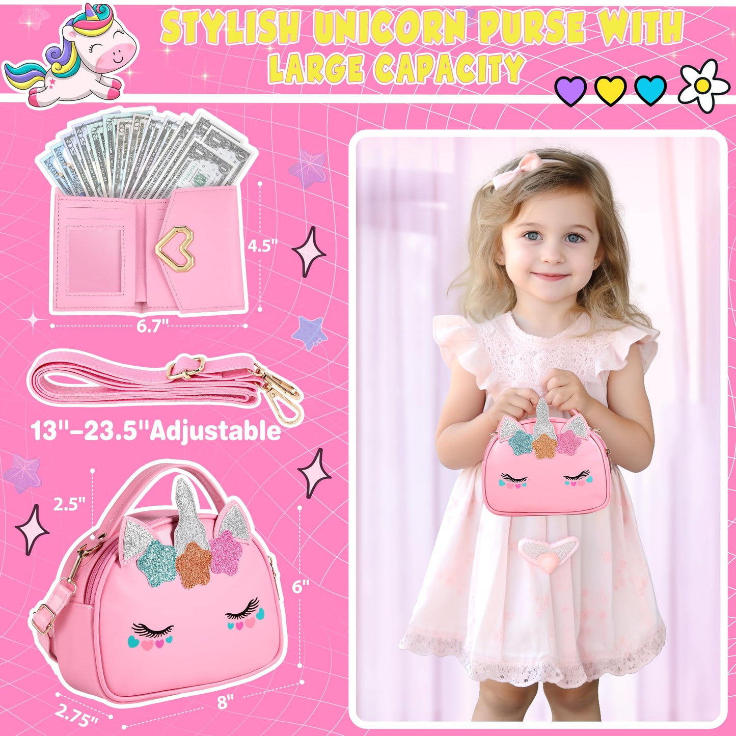 Toddler Girls Purse Toys Age 3-5 4-5 6-8, Kids Unicorn Play Purse Toys For Girls, Pretend Makeup Kit, Princess Pretend Play Girl