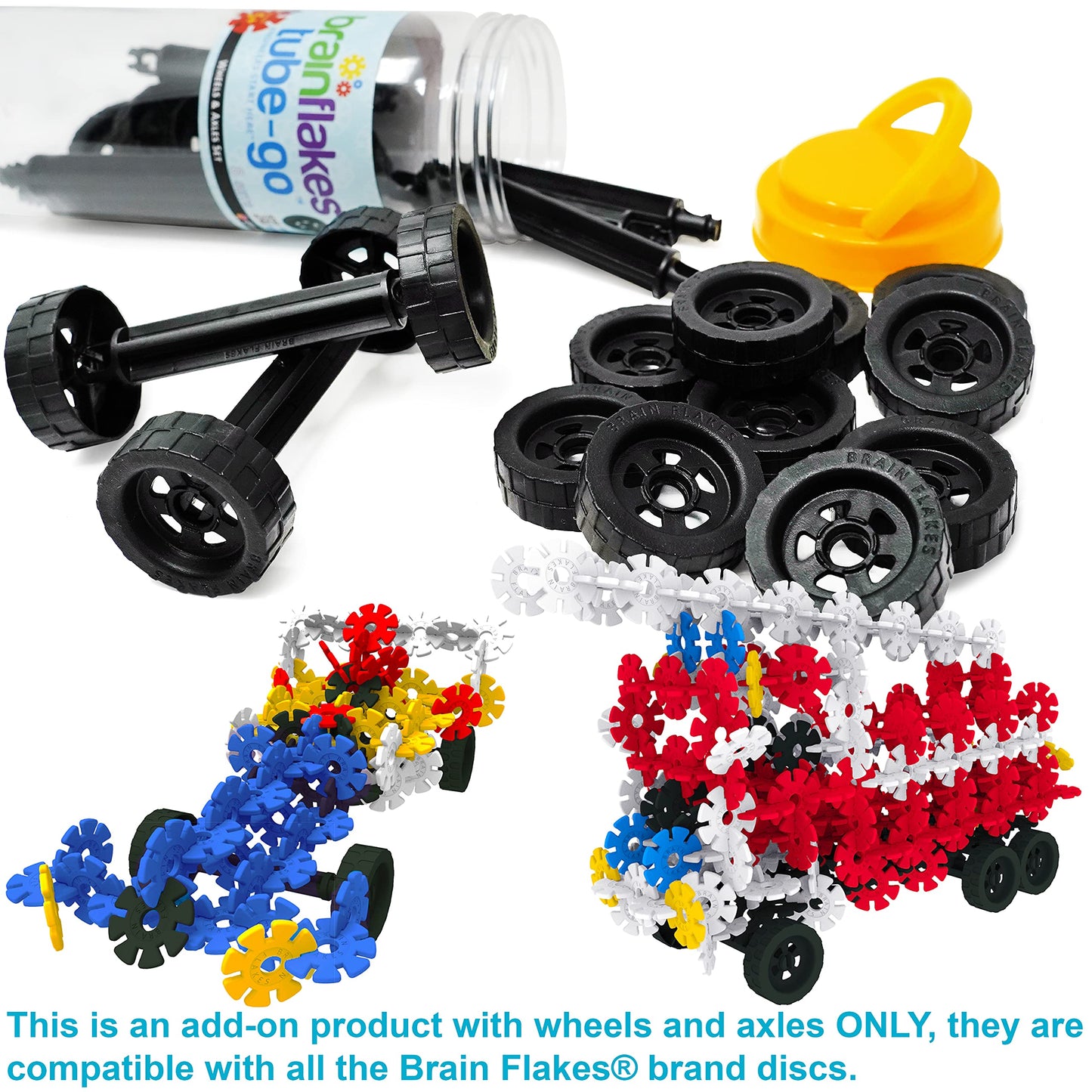 Brain Flakes 16 Wheels And 8 Axles Tube-Go Set Add-On Travel Kit - Build Cars, Trucks, Anything That Spins - Compatible Brand Discs - A Great Stem Toy