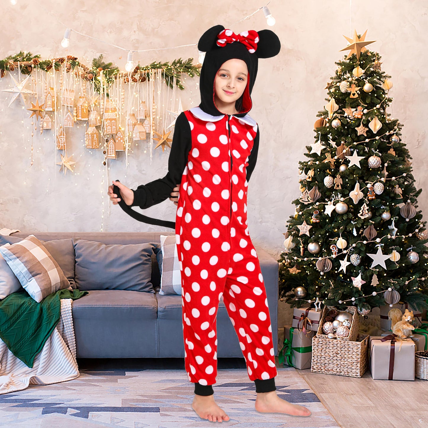 Rabtero Kids Hooded Animal Onesie Costume, Toddlers Mouse Costume, Unisex Red And White Polka Dot One Piece Pajamas, Halloween/Christmas/Carnival Cosplay Costume For Kids 6-8
