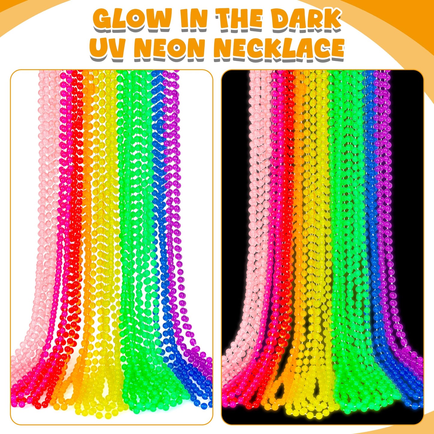 EOBOH 100PCS Mardi Gras Beads, Metallic Colorful Glow in The Dark Bead Necklaces, 33 Light up Neon Necklace for Costume Party Fa