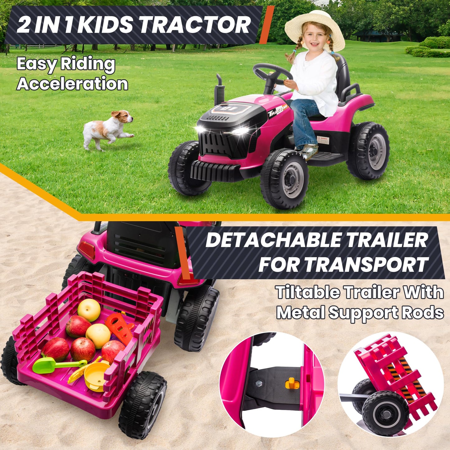 24V 7Ah Ride On Tractor W/Tiltable & Detachable Trailer, Moeyuro Kids Electric Vehicles Tractor W/400W Motors, Adjustable Seat,