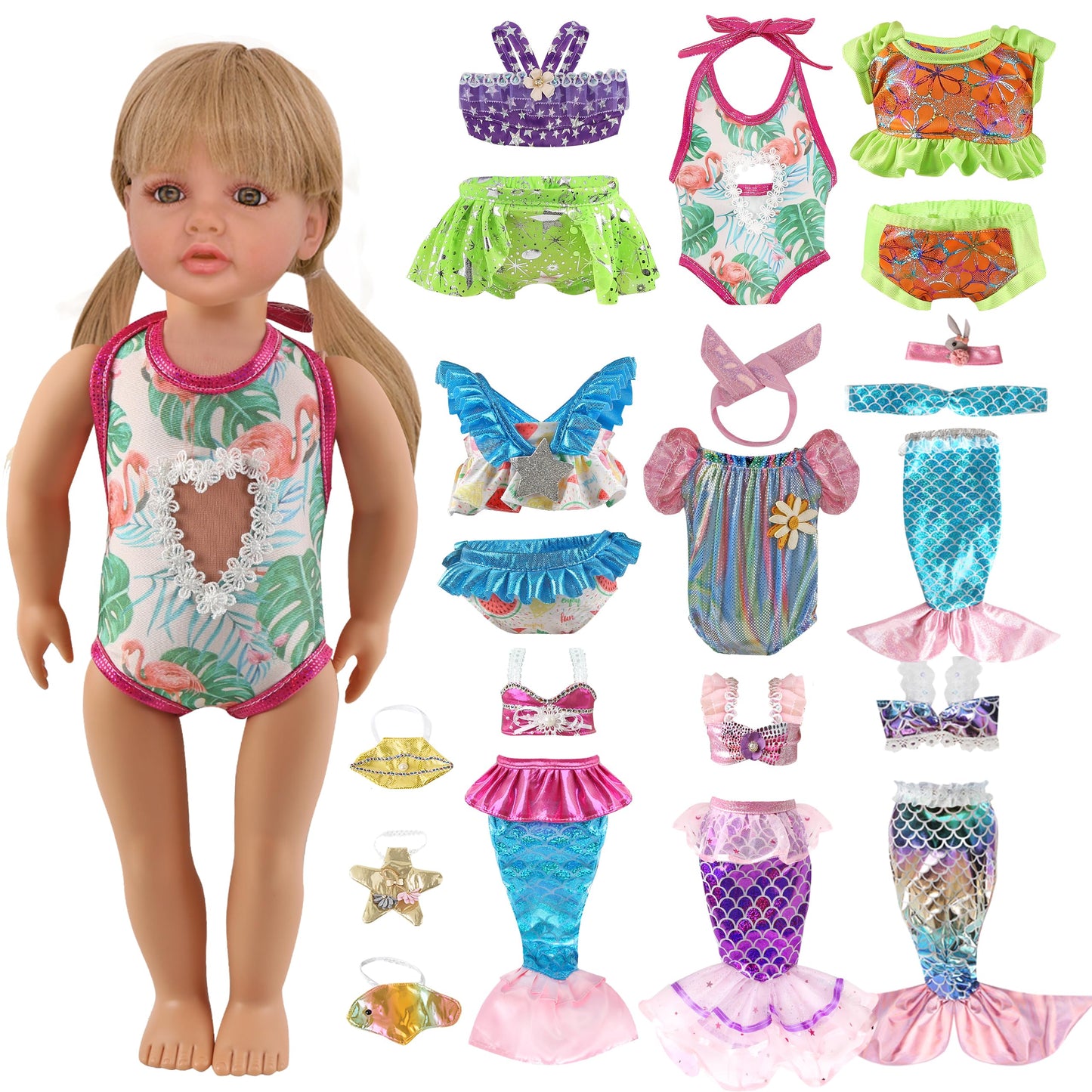 18'' Doll Swimwear Bundle (9 Sets) | Mermaid Tail & Bikini Outfits With Hair Accessories | Summer Water Play Costumes & Party Dr