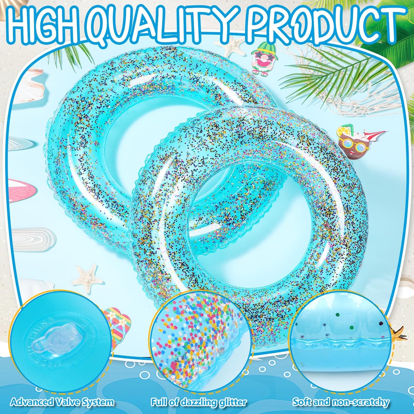 Relaxgiant 12 Pcs Summer Swim Rings with Glitter Fun Inflatable Pool Float Round Shaped Swimming Pool Tubes for Beach Party Supp