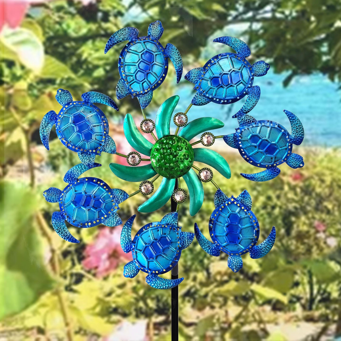 Coozzyhour 39'' Sea Turtle Wind Spinners Metal Garden Stake-Outdoor Ocean Theme Wind Spinners - Metal Stake Yard Spinners-Wind S