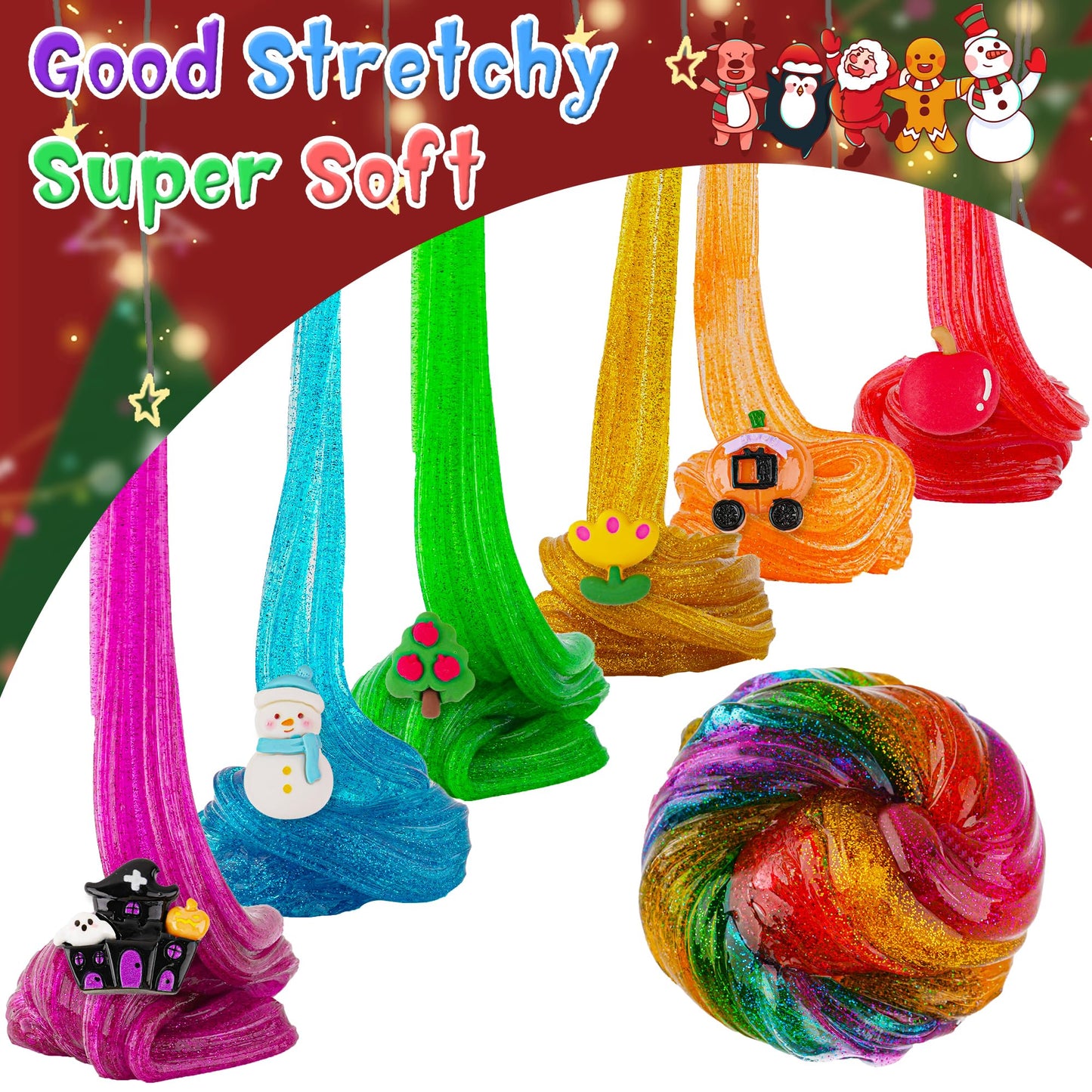 Okaybee 6 Pack Glitter Crunchy Slime Kit, Rainbow Slime For Kids, Christmas Stocking Stuffers, Slime Party Favors Sensory Toys,