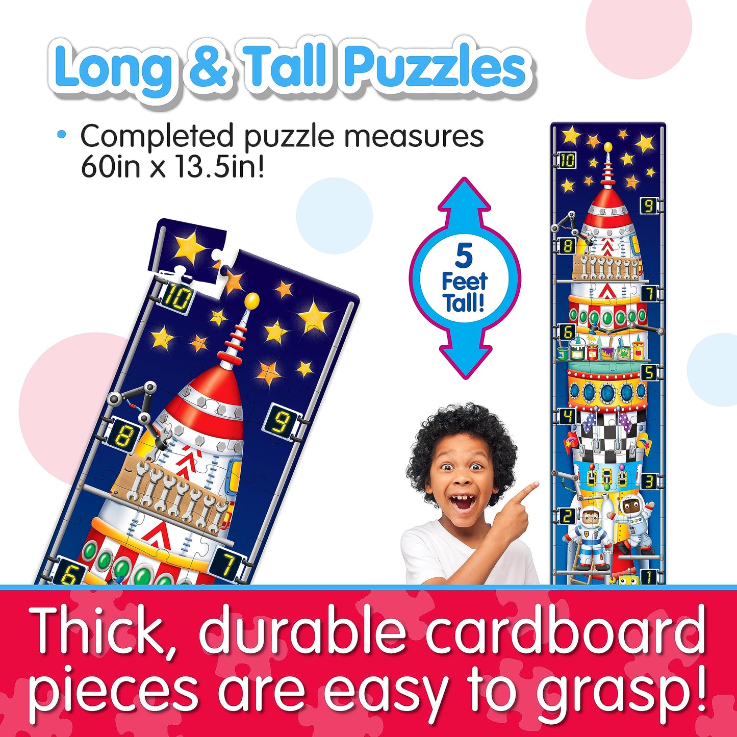 Long And Tall Puzzles - 123 Rocket Ship - 51 Piece, 5-Foot-Long Preschool Stem Puzzle, Learning Puzzles For Kids Ages 3-5, Educational Gifts For Boys & Girls Ages 3 And Up