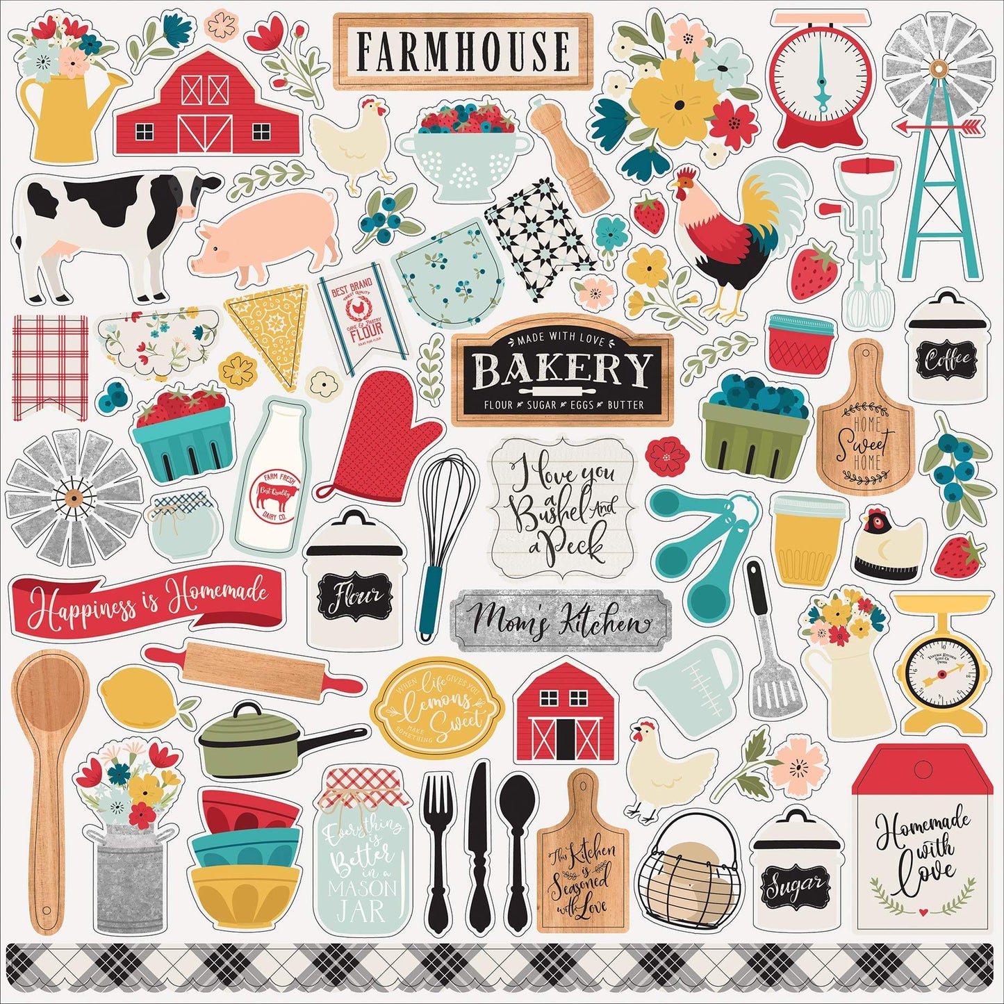 Echo Park Paper Co. Farmhouse Kitchen Element Sticker, 12-X-12-Inch, Red, Yellow, Teal, Woodgrain, Balck
