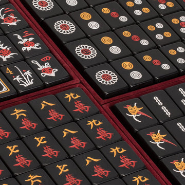 Yellow Mountain Imports Mahjong Game Set - Black Acrylic Tiles, Wooden Case, Model US-CM001-C, Small Size 1.3" x 0.9" x 0.7"