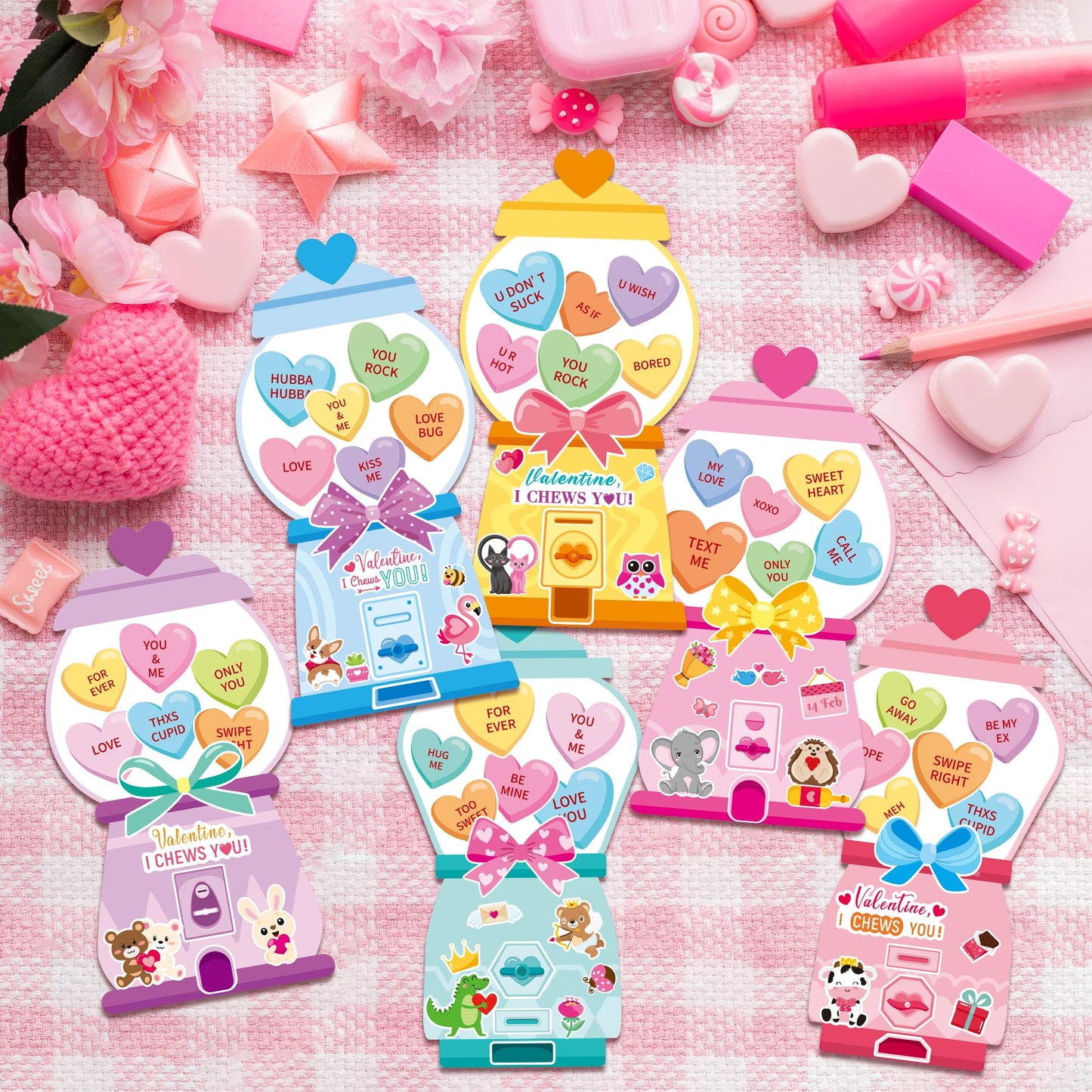 CY2SIDE Valentines Gumball Machine Stickers - 12 Sets of Valentines Day Conversation Heart Sticker Art Craft for Kids School Act