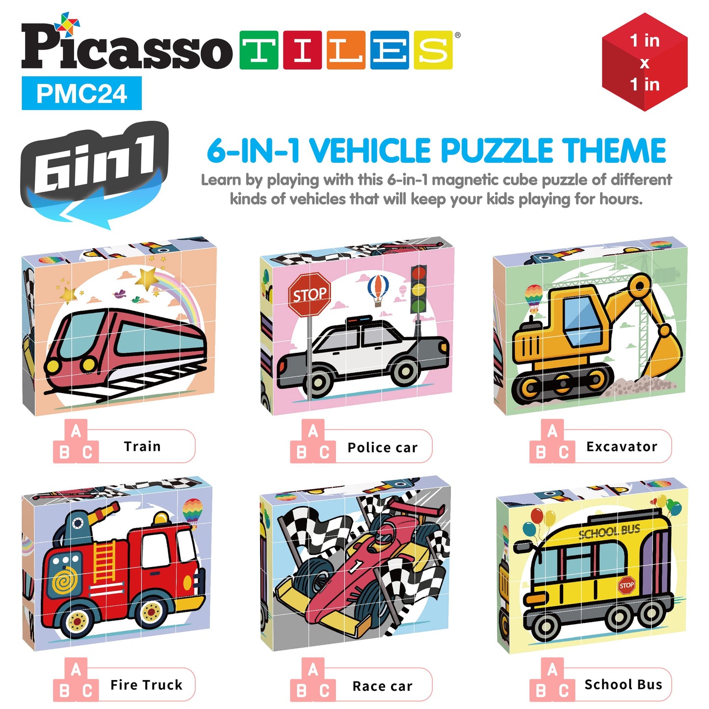 Picasso Cubes Magnetic Cube Puzzle 6-In-1 Vehicle Theme Pattern Magnet Brain Teaser Cubes Building Block 120 Pictures Toy Set Ki