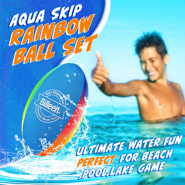 Billeeit Water Skipping Balls Set for Pool Play, Include 1 Rugby, 2 Balls and 2 Discs, Rainbow Color Splash Water Bouncing Balls