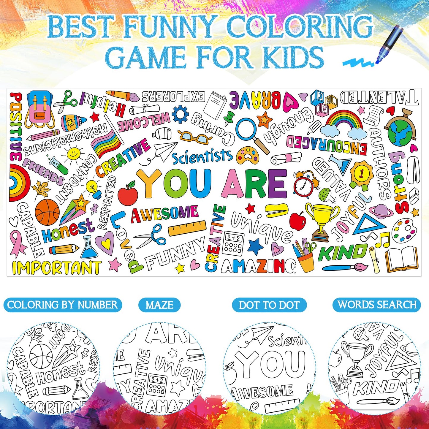 Motivational Large Coloring Poster For Kids 30 X 72 Inch, Giant Positive Affirmations Coloring Paper Tablecloth Sheets, Color-In