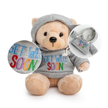Get Well Teddy Bear With Gray Hoodie 9 Stuffed Animal Plushie Doll For Comfort And Love With Get Well Soon Card (Tan Nose)