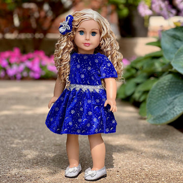 18 Inch Doll Clothes - Midnight Blue - 3 Piece Outfit - Dark Blue Sparkling Holiday Dress With Matching Silver Shoes And Headpiece - Clothes Fits American 18 Inch Doll (Doll Not Included)