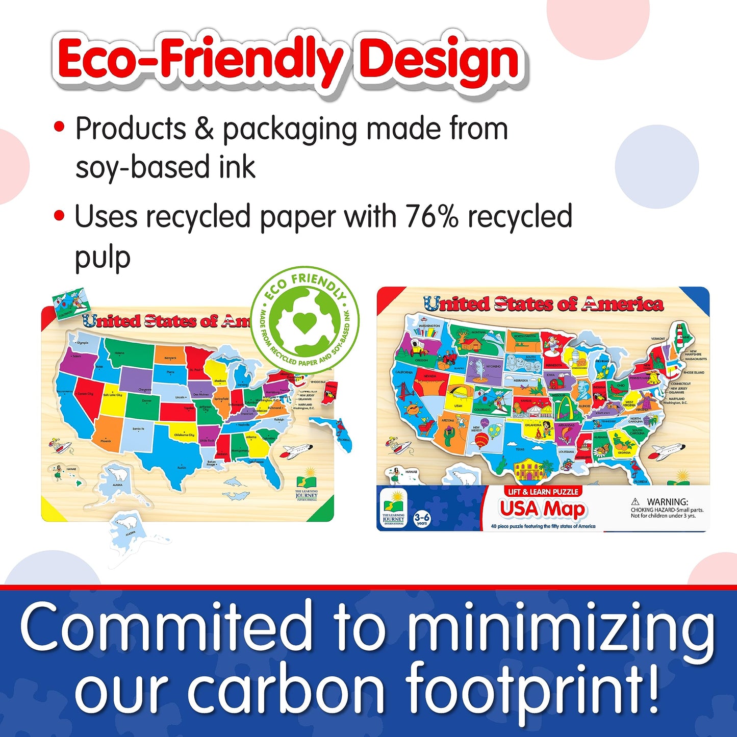 The Learning Journey USA Map Puzzle - Multi Color, Recycled Material, 40cm - Educational Toys for Kids Ages 3+ - Model 501726