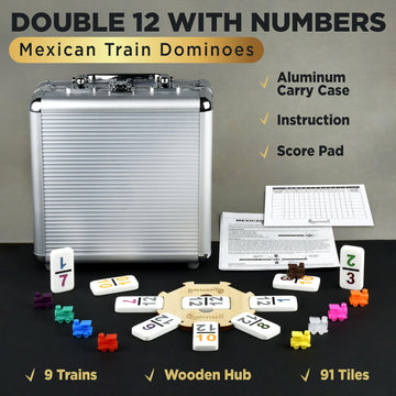 Queensell Mexican Train Dominoes Set - Double 12, 91 Tiles, Plastic, Aluminum Case for Adults and Family Fun