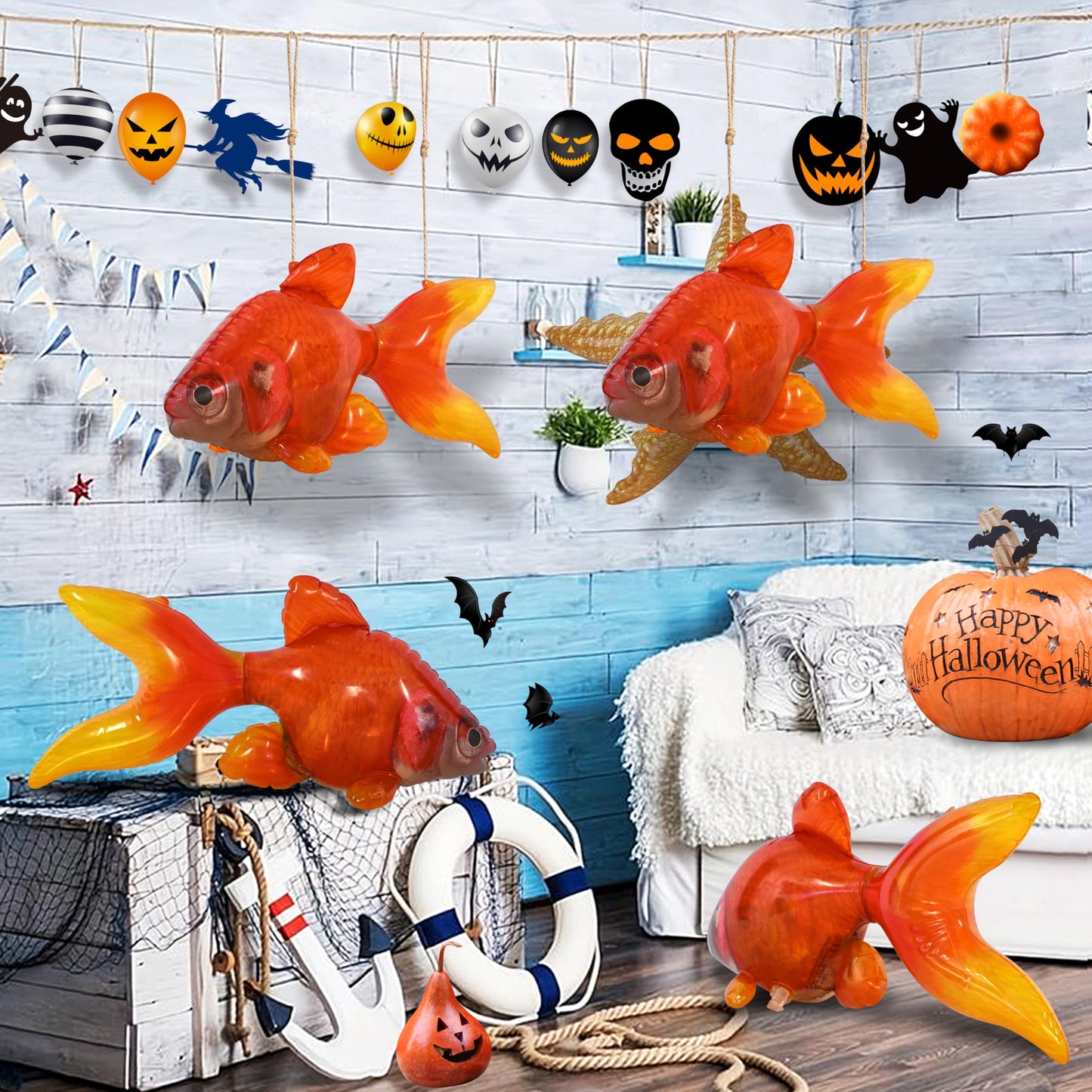 Jet Creations Inflatable Aquatic Animal Goldfish, Pack Of 4, 20 Inches Long Toys For Kids 3 Year And Up, Decoration With Hanger