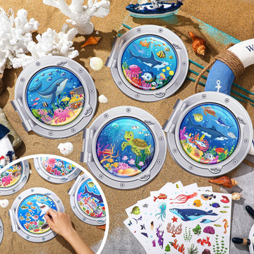 Frienda 48 Set Summer Craft Kit Cruises Under The Sea Sticker Crafts Bulk DIY Ocean Sea Animals Scene Stickers Shark Clown Fish