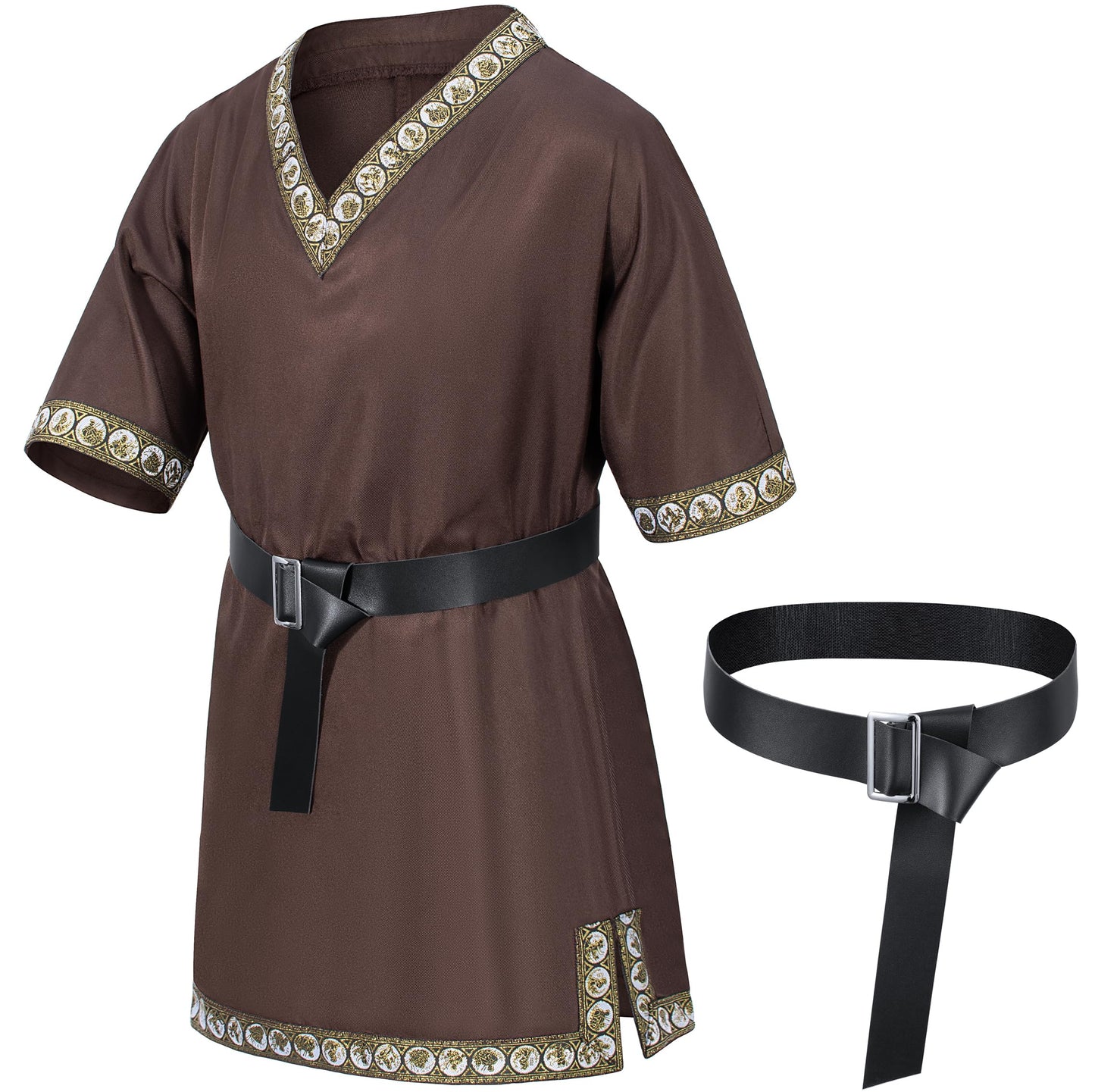 Kids Medieval Costume Boys Viking Tunic Knight Warrior Renaissance Shirts With Belt 4-6T Brown