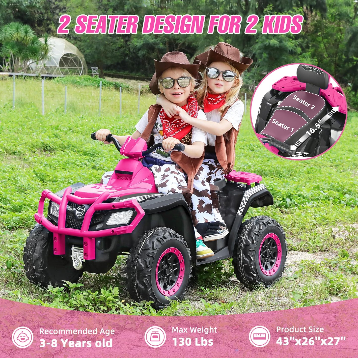 ELEMARA 2 Seater Ride on ATV, 4 Wheeler Quad Ride on Toy with 10AH Battery, Ride on Electric Big Kids