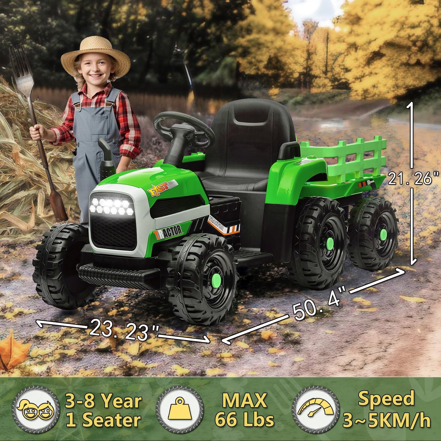 12V Battery-Powered Toy Tractor With Trailer, Ride On Tractor With Remote Control And 3 Speed Adjustable, Electric Car For Kids