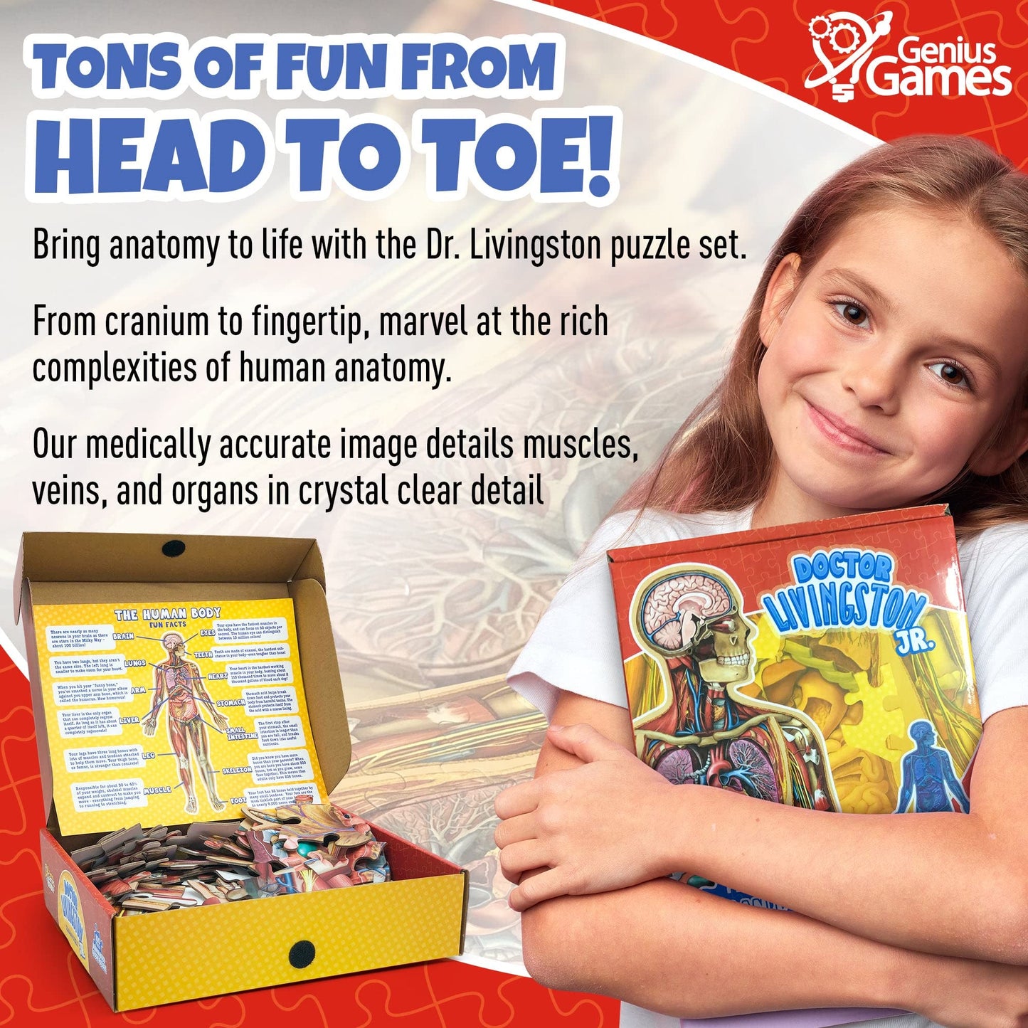 Human Anatomy Kids Floor Puzzle - Dr Livingston Jr'S 100-Piece Full Body Jigsaw Puzzle - 4 Ft Medically Accurate Floor Puzzles For Kids Ages 6-8, 4-8, 8-10 - Educational Toys For Children, Toddlers