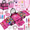 Kuovei 99 Pcs Kids Makeup Kit for Girls, Washable Cosmetics Set, Rose Red, Perfect for Ages 3-8 with Mirror, Hair Ties, Nails, and Jewelry