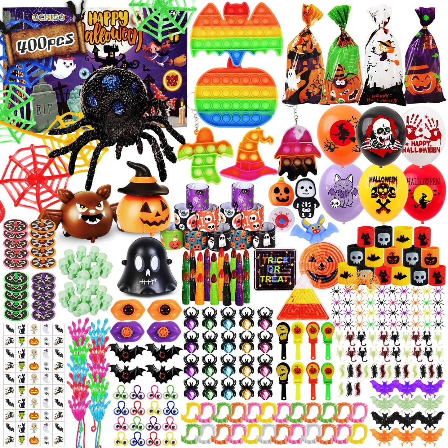 OCHIDO 400 PCS Halloween Party Favors for Kids, Halloween Toys Bulk, Trick or Treat Toys for Halloween Goodie Bag Stuffers, Trea